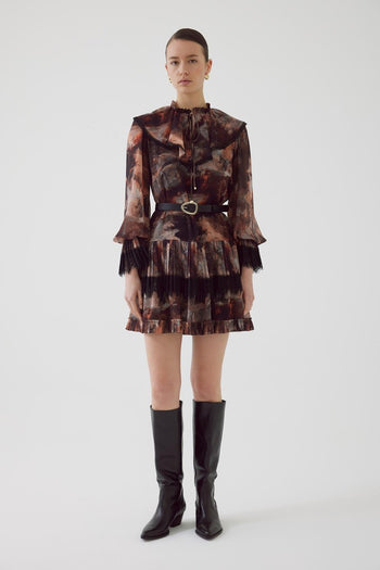 Kemerli Yakası Bağlama Detaylı Desenli Mini Elbise