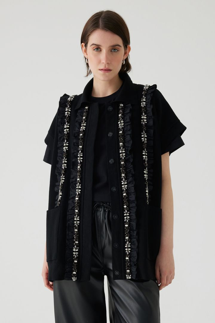 Kristal Taşlı El İşlemeli Oversize Triko Yelek