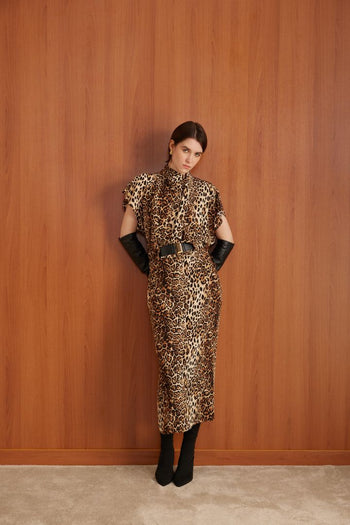 Leopar Desenli Kemerli Kolsuz Midi Elbise