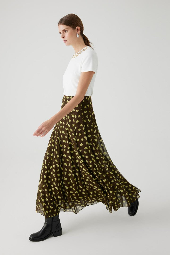 Çiçekli Desenli Fırfırlı Beli Lastikli Maxi Etek