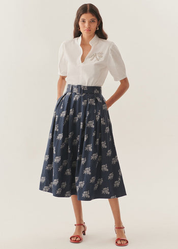 Çiçek Desenli Kemerli Midi Boy Etek