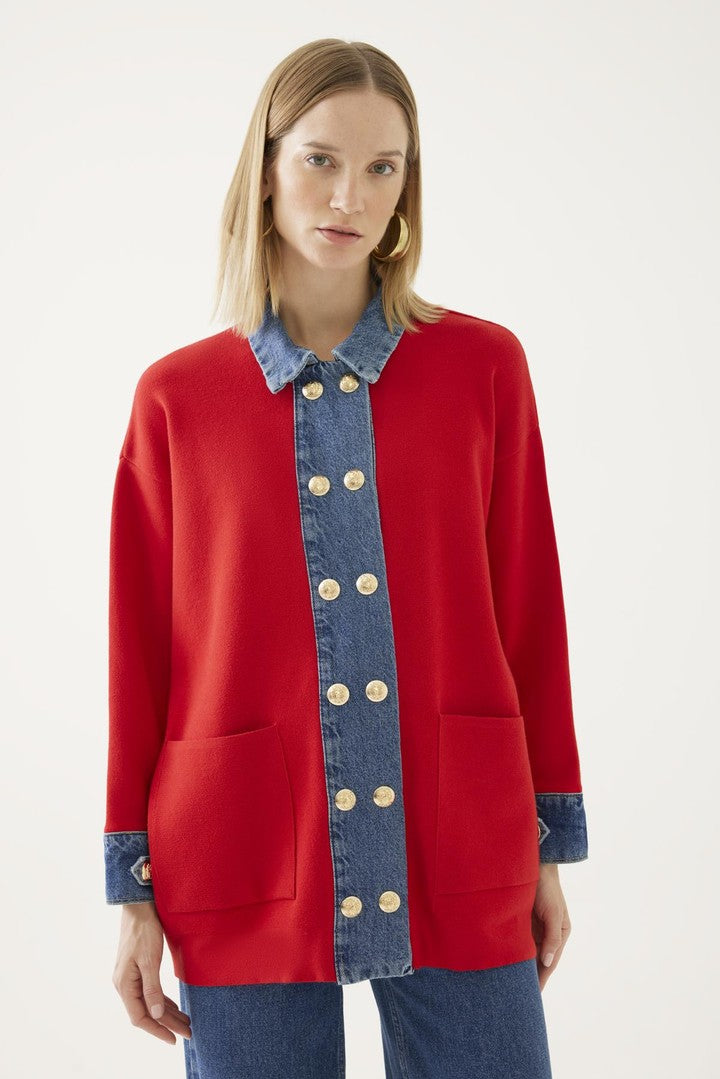 Jean Detaylı Triko Hırka