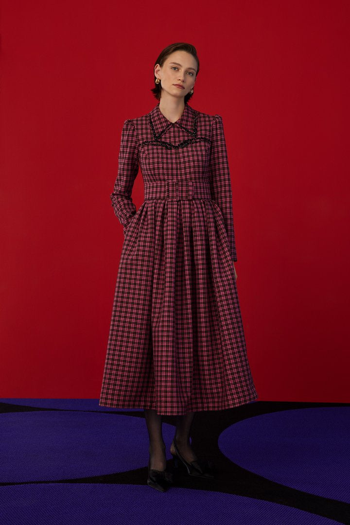 Uzun Kollu İşleme Detaylı Maxi Elbise