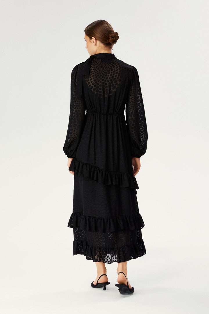 Yakası Fularlı Midi Elbise