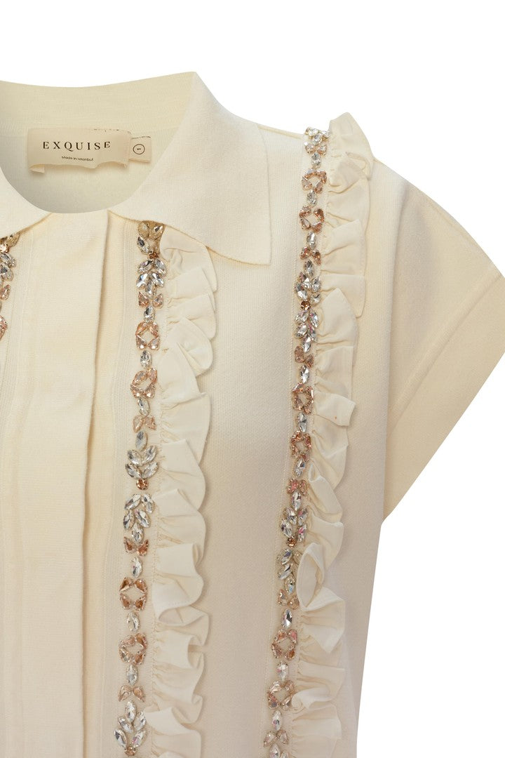 Kristal Taşlı El İşlemeli Oversize Triko Yelek