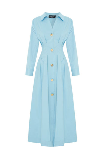 Bele Oturan Düğme Detaylı Pamuk Midi Gömlek Elbise