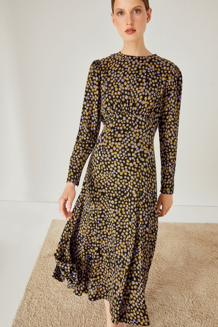 Sıfır Yaka Desenli Midi Elbise