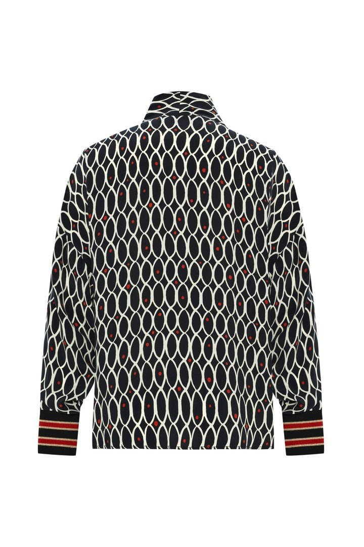 Geometrik Desenli Regular Fular Yaka Bluz