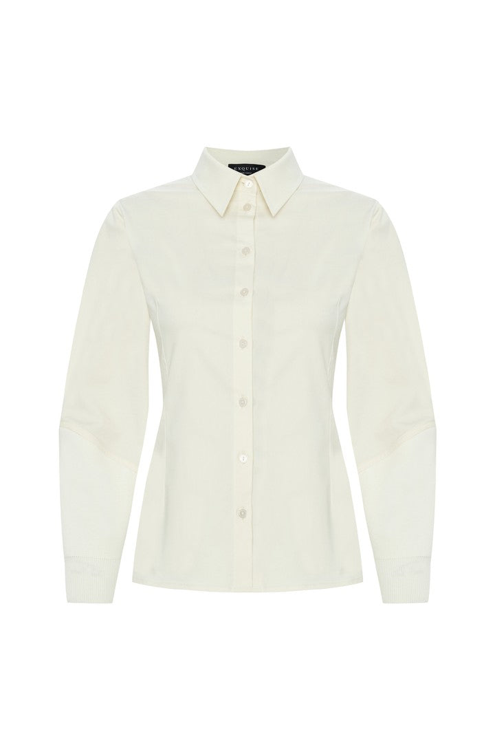 Triko Kol Detaylı Uzun Kollu Slim Fit Kemik Poplin Gömlek