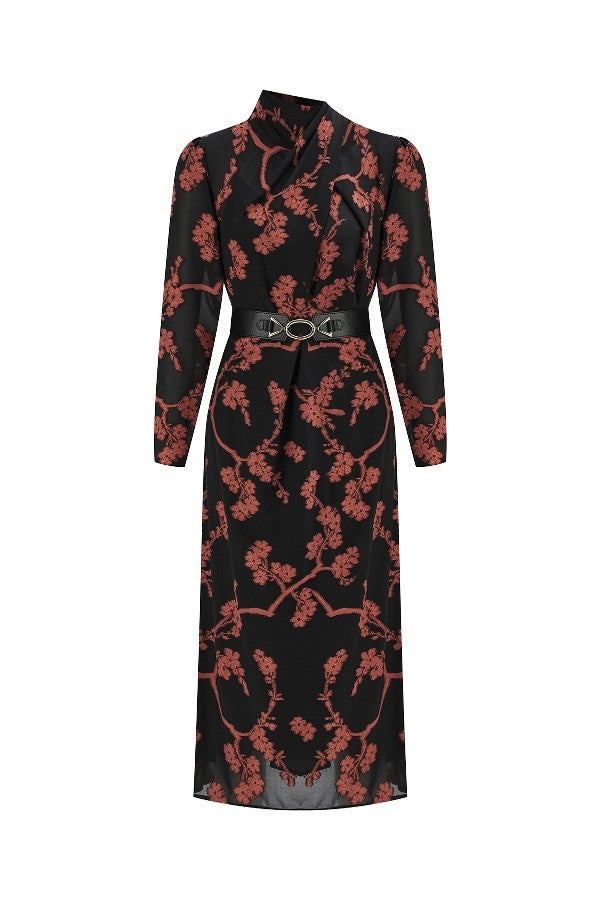 Turuncu Çiçekli Siyah Elbise