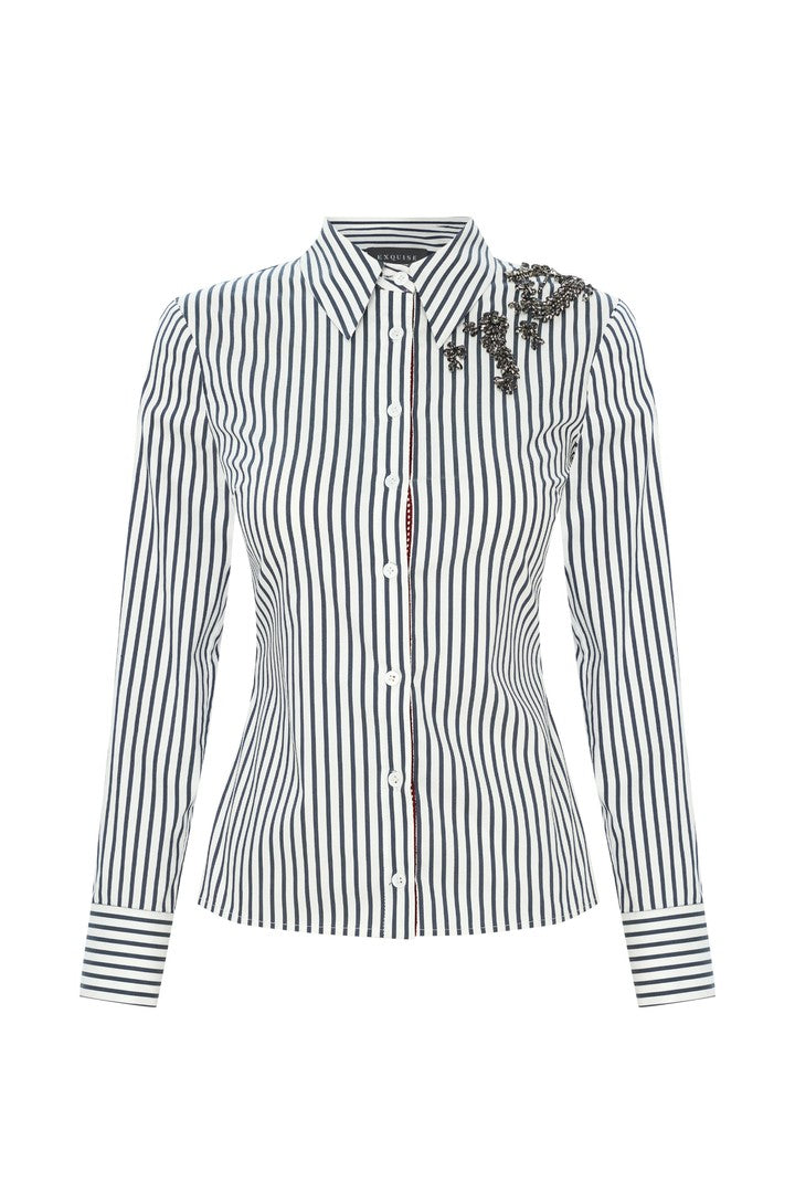 İşleme Detaylı Bele Oturan Slim fit Çizgili Gömlek