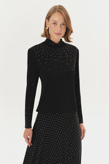 Dik Yaka Taşlı Likralı Slim Fit Siyah Örme Bluz