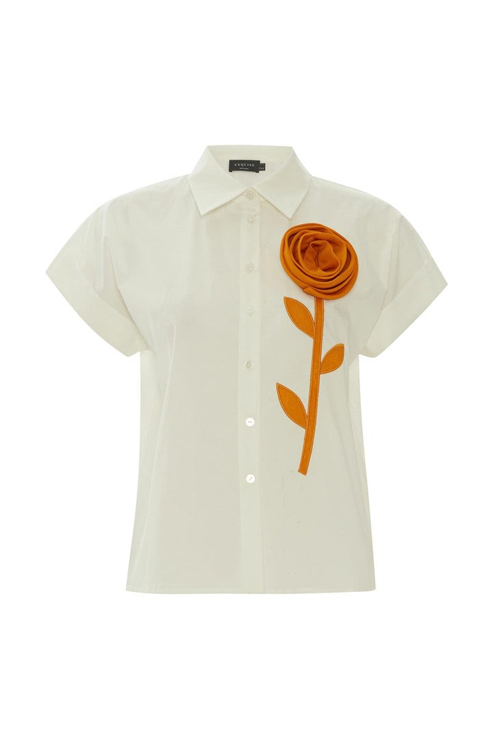 Ekru Çiçek İşlemeli Gömlek
