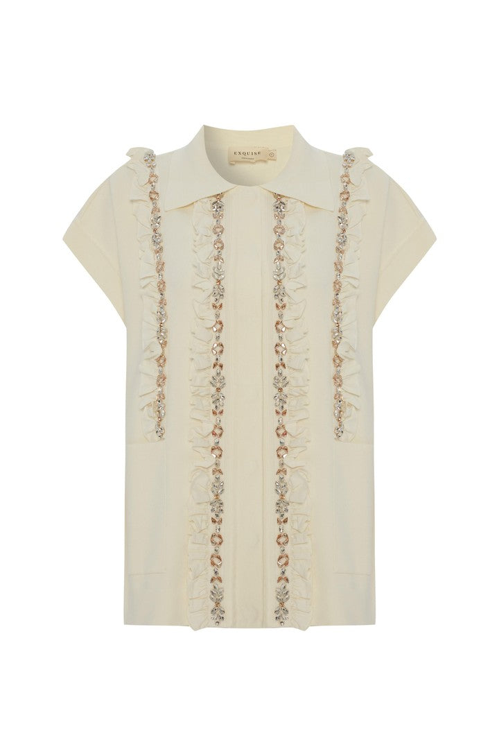 Kristal Taşlı El İşlemeli Oversize Triko Yelek