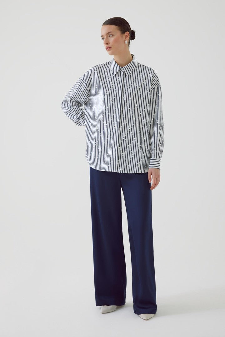 Oversize Parlak Taş Baskılı Çizgili Gömlek