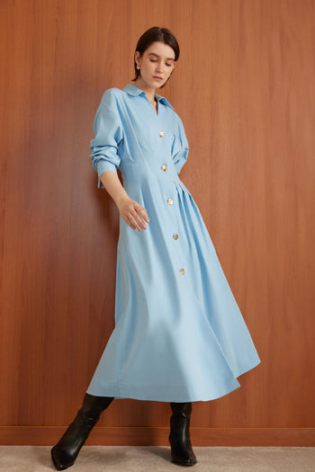 Bele Oturan Düğme Detaylı Pamuk Midi Gömlek Elbise