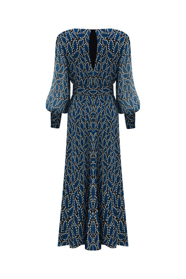 Balon Kollu Yaprak Desenli Elbise