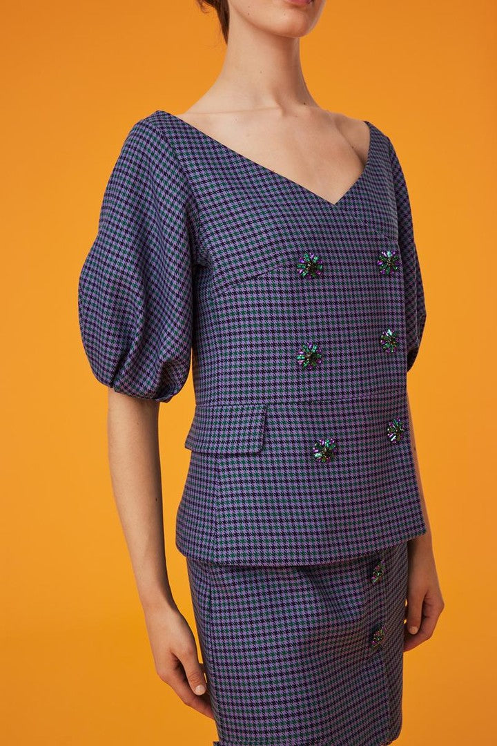 Kayık Yakalı Taşlı Düğme Detaylı Ceket