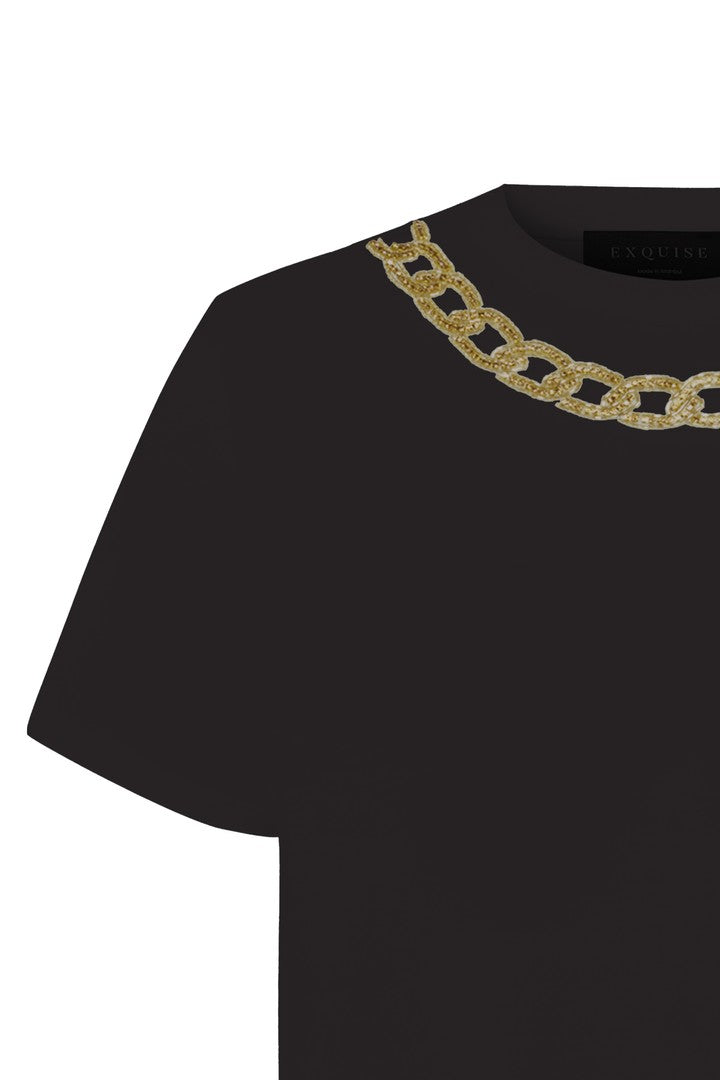Gold İşleme Siyah Bisiklet Yaka Regular Pamuklu Örme Tişört