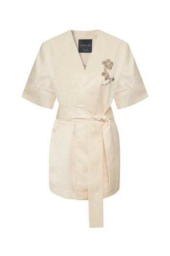 Kruvaze Yaka Yarasa Kol İşleme Detaylı Rahat Kalıp Bej Ceket