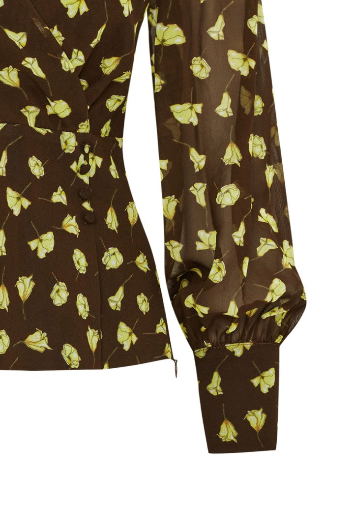 Çiçek Desenli Kruvaze Yaka Slim Fit Bluz