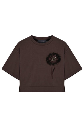 İşleme Detaylı Kahverengi Crop Modal Karışımlı Örme Tişört