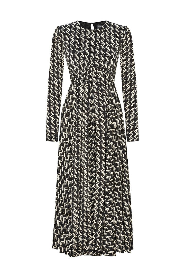 Geometrik Desenli Bağlama Detaylı Likralı Midi Örme Elbise
