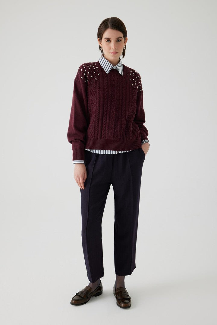 Bisiklet Yaka Kristal Taş El İşli Regular Yün Triko Kazak