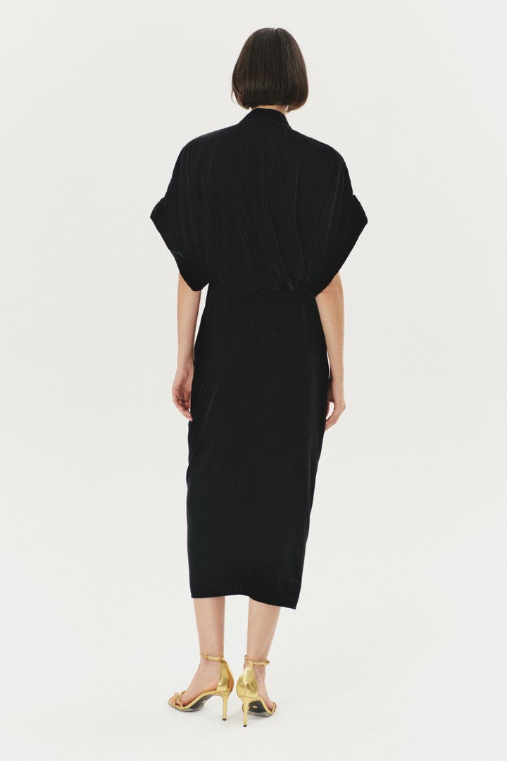 V Yaka Kadife Midi Elbise