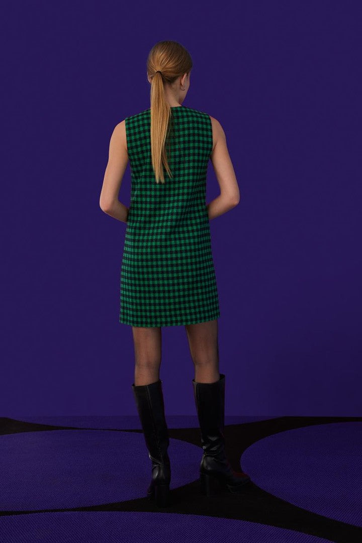 Ekoseli İşlemeli Mini Elbise