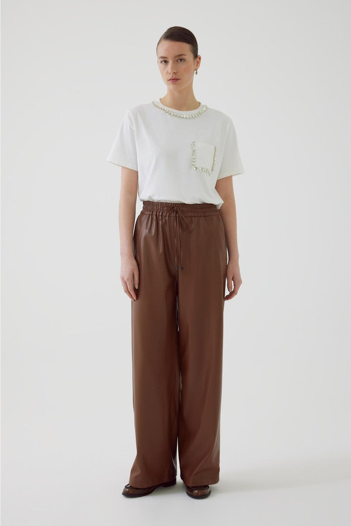 Cepli Beli Lastikli Vegan Deri Regular Taba Pantolon