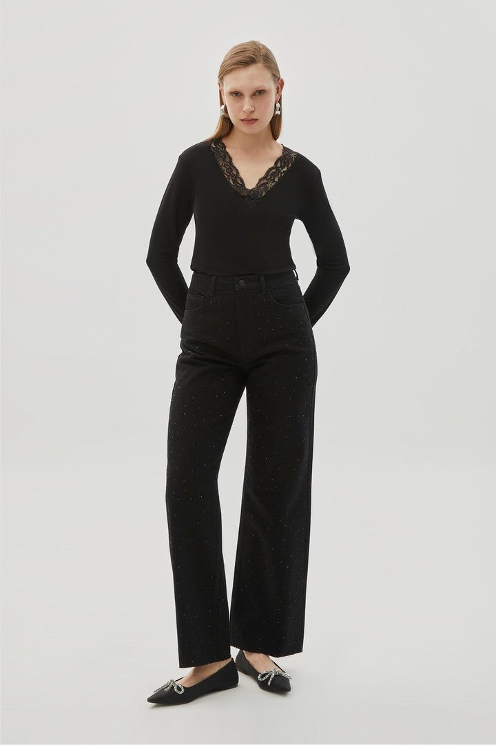 Yüksek Bel Bol Paça Taşlı Regular Siyah Denim Pantolon