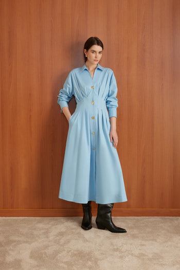 Bele Oturan Düğme Detaylı Pamuk Midi Gömlek Elbise