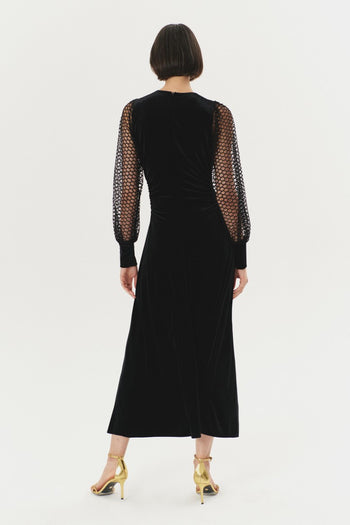 Likralı Dantel Kol Detaylı Midi Kadife Siyah Elbise