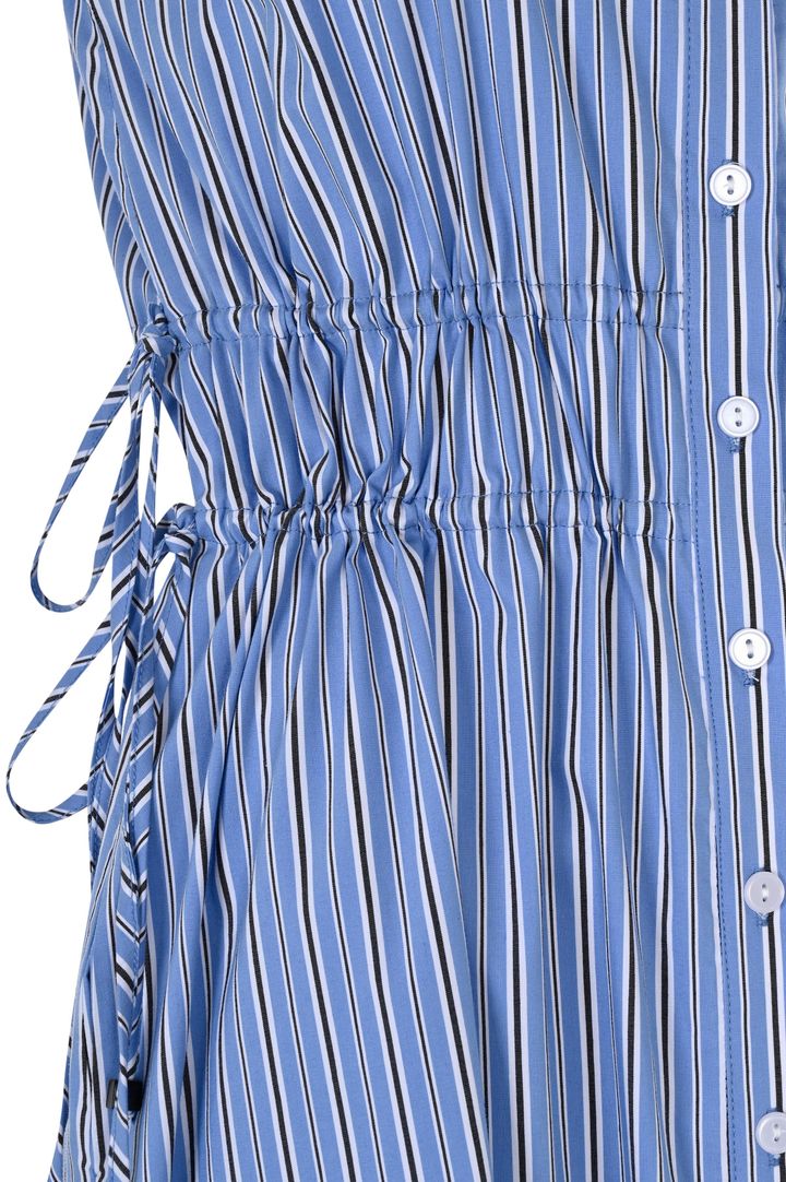 Beli Lastikli Bağcık Detaylı Mavi Çizgili Pamuklu Midi Gömlek Elbise