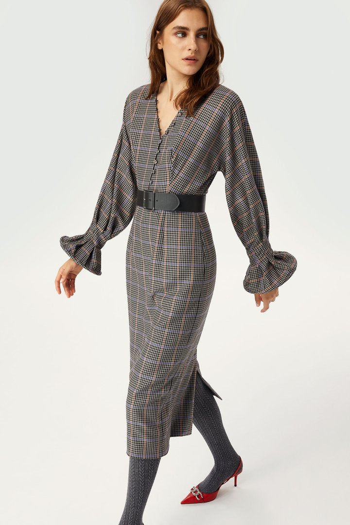 Volan Kollu Ekose Elbise