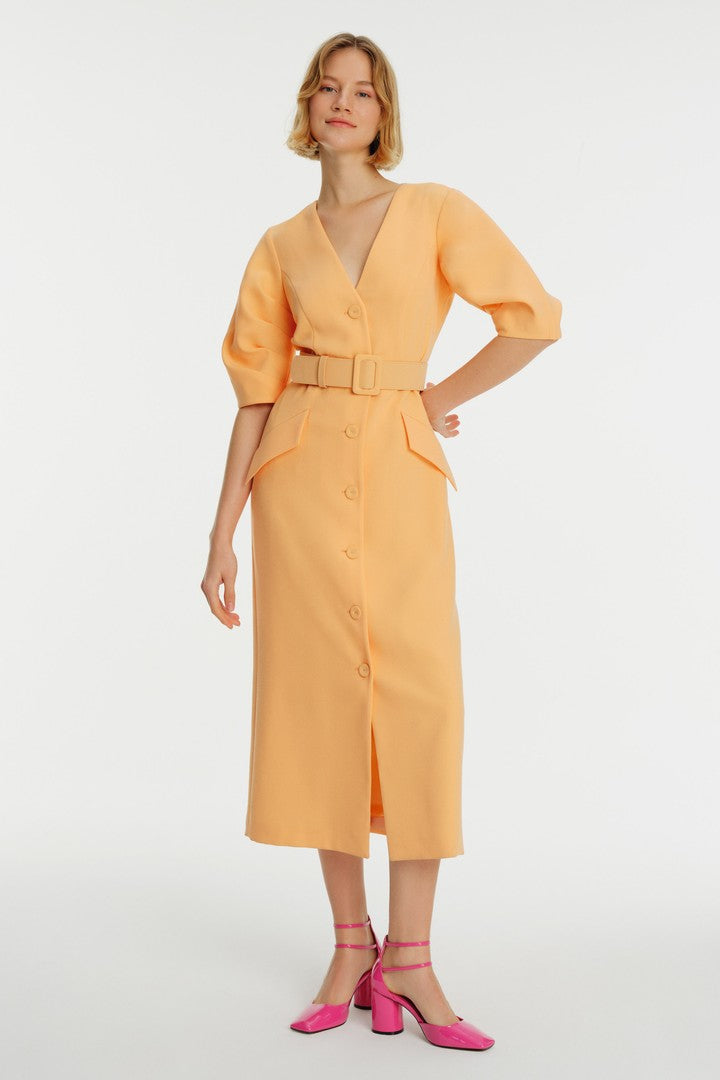 V Yaka Kol Detaylı Kemerli Krep Elbise