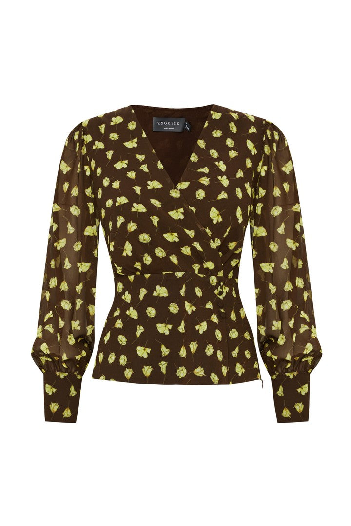 Çiçek Desenli Kruvaze Yaka Slim Fit Bluz