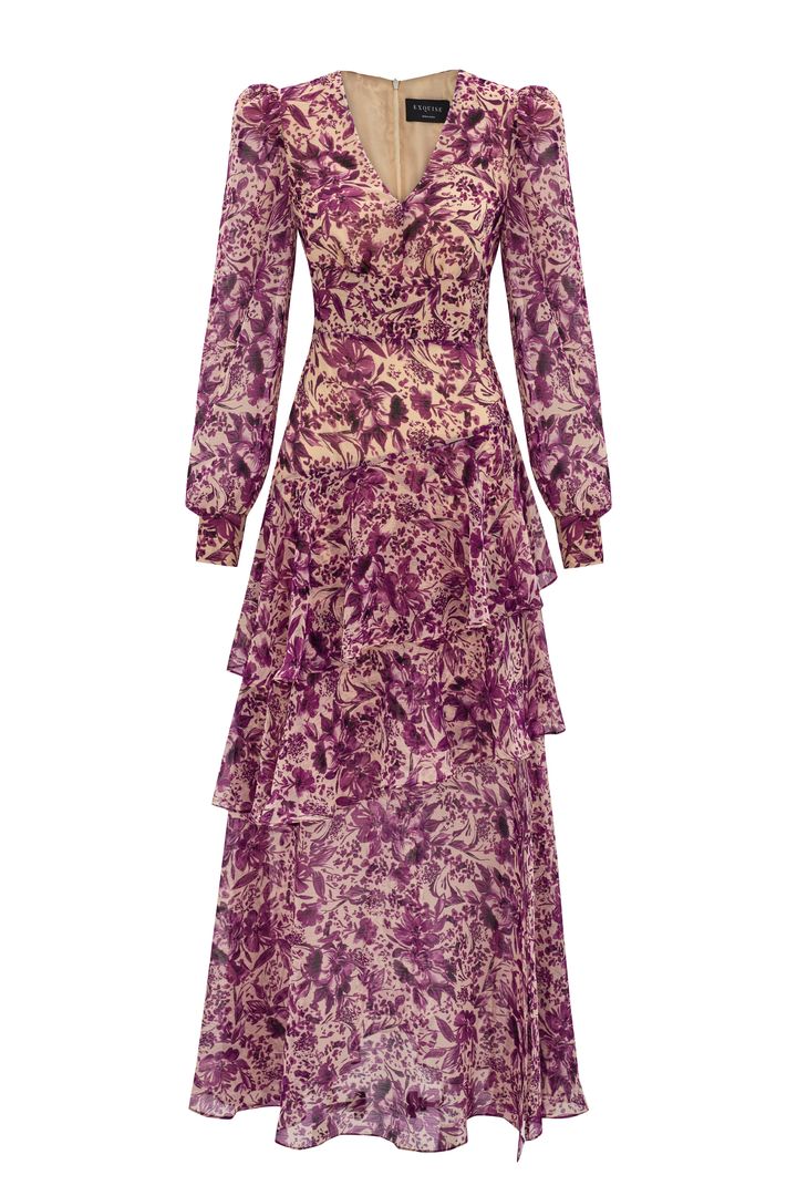 Çiçek Desenli Uzun Kollu Maxi Elbise