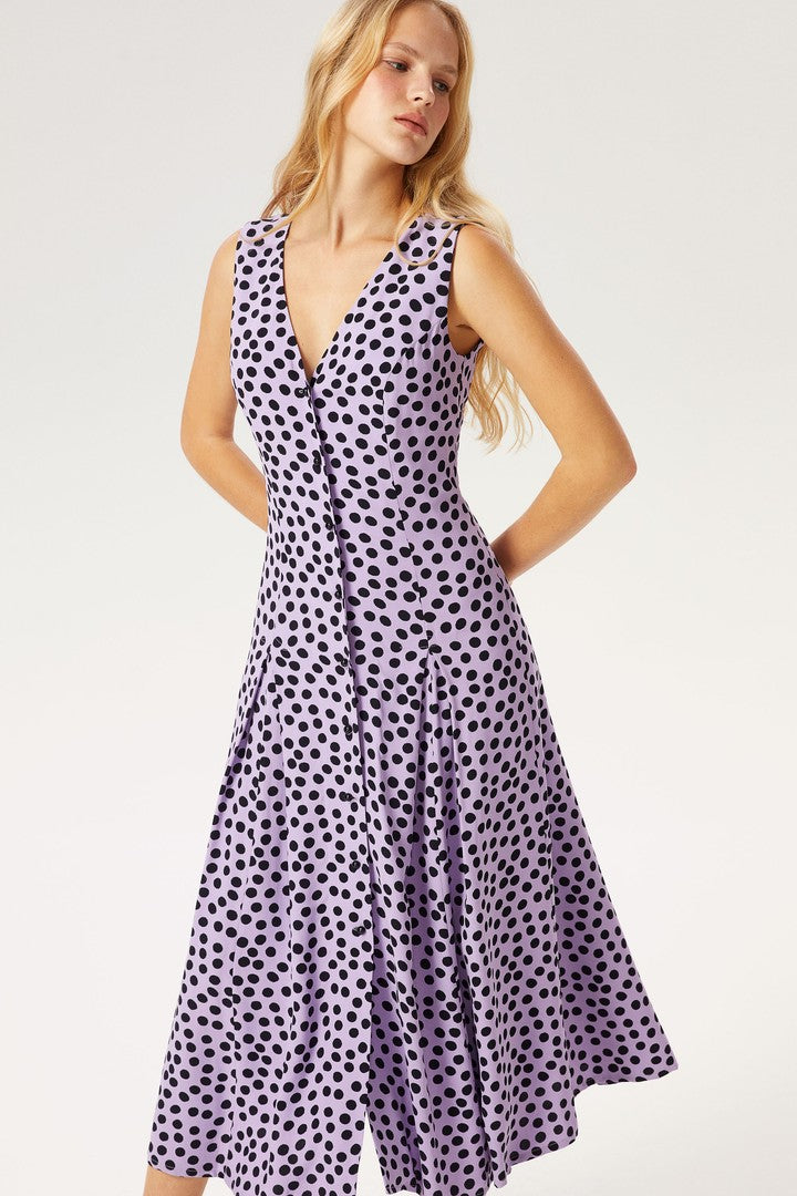 V Yaka Düğmeli Midi Elbise