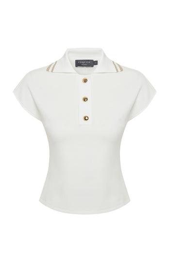 Ekru Düğme Detaylı Polo Yaka Regular Örme Tişört