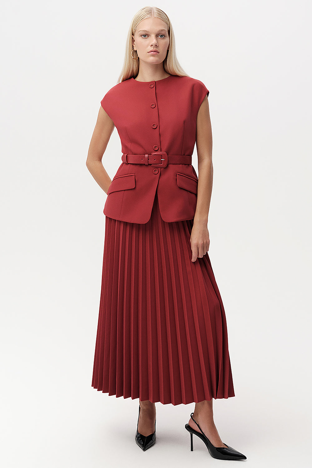 Bisiklet Yaka Kemerli Plisoley Slim Fit Midi Kiremit Elbise