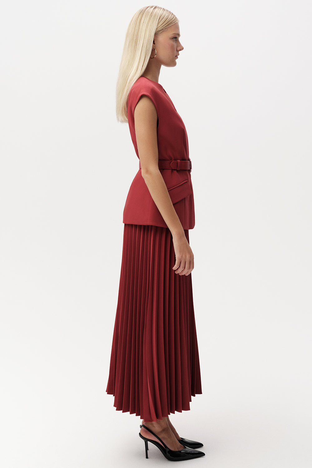 Bisiklet Yaka Kemerli Plisoley Slim Fit Midi Kiremit Elbise