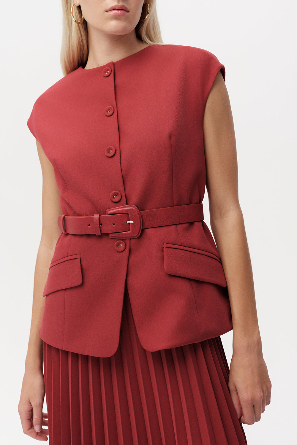 Bisiklet Yaka Kemerli Plisoley Slim Fit Midi Kiremit Elbise