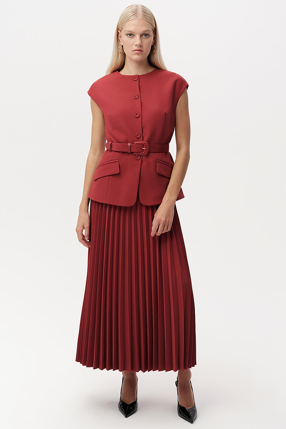 Bisiklet Yaka Kemerli Plisoley Slim Fit Midi Kiremit Elbise