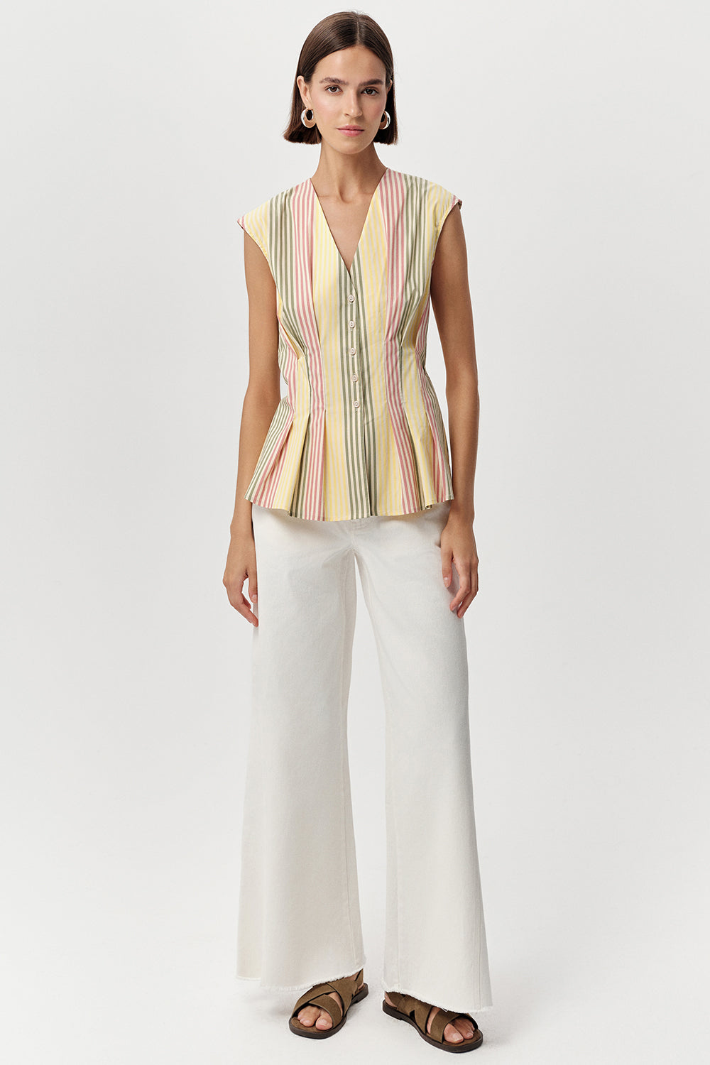 V Yaka Kolsuz Bele Oturan Pileli Regular Çok Renkli Gömlek