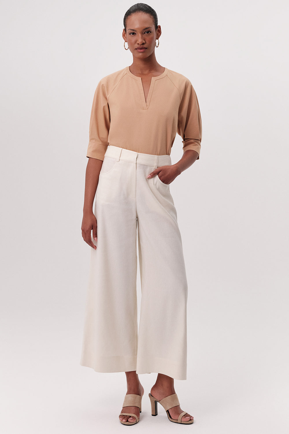 Yüksek Bel Fermuarlı Cepli Geniş Paça Regular Krem Pantolon