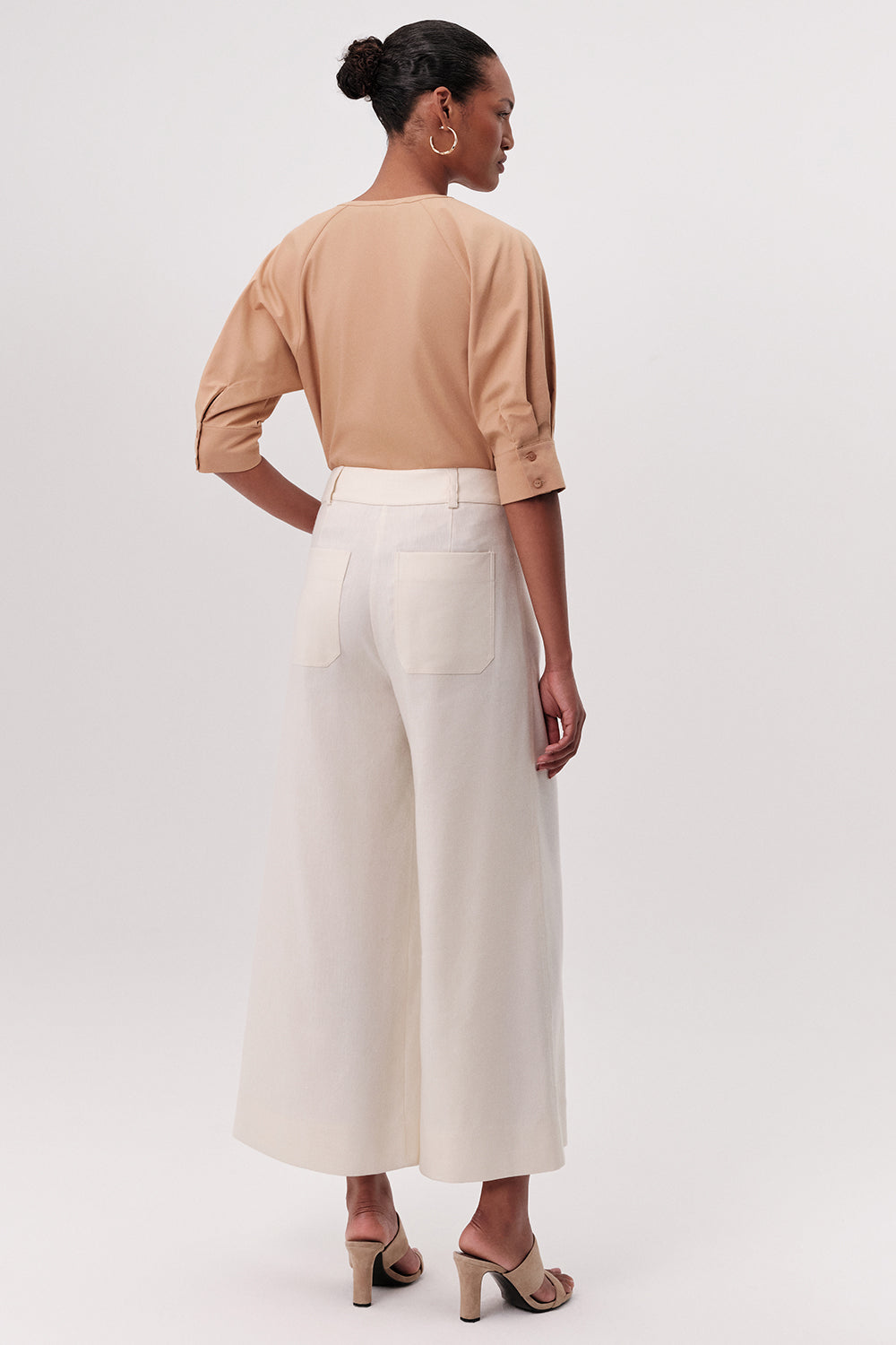 Yüksek Bel Fermuarlı Cepli Geniş Paça Regular Krem Pantolon