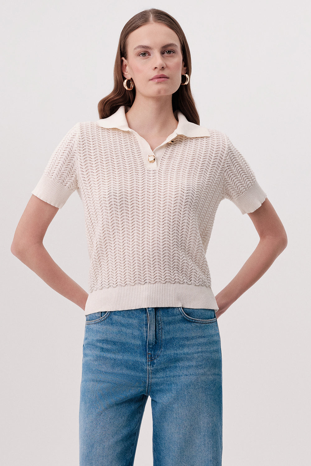 Polo Yaka Düğme Detaylı Kısa Kollu Regular Triko Krem Bluz