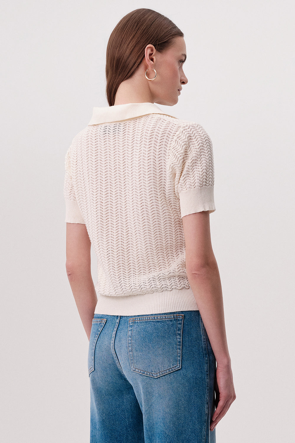 Polo Yaka Düğme Detaylı Kısa Kollu Regular Triko Krem Bluz